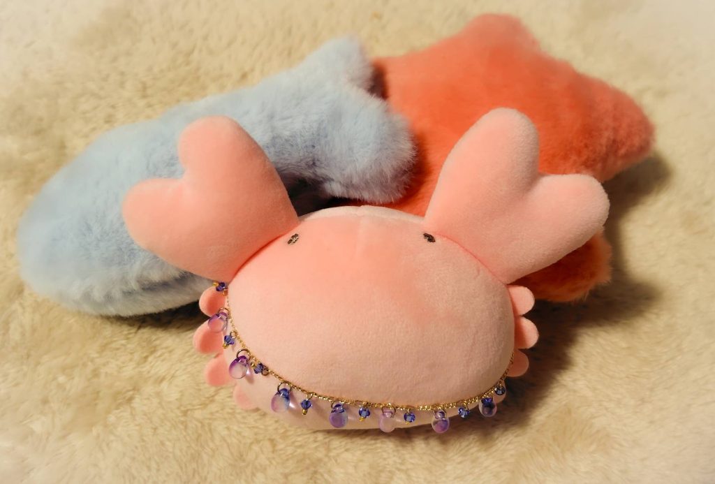 蟹のぬいぐるみが紫色のアクセサリーをつけてこちらを向いている